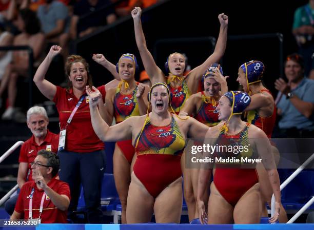 Paula Leiton and Paula Camus of Team Spain react with teammates during the penalty shoot out in the Women's Semifinal match between Team Netherlands...