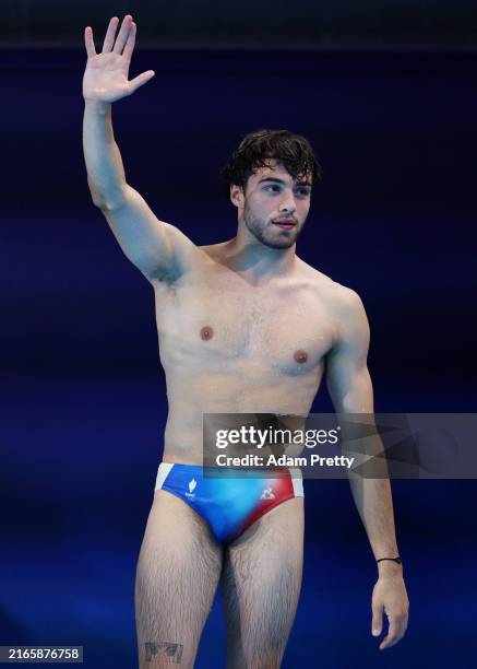 Jules Bouyer of Team France waves after competing in the Men’s 3m Springboard Final on day thirteen of the Olympic Games Paris 2024 at Aquatics...