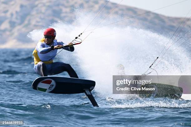 Riccardo Pianosi of Team Italy competes in the Men's Kite on day thirteen of the Olympic Games Paris 2024 at Marseille Marina on August 08, 2024 in...