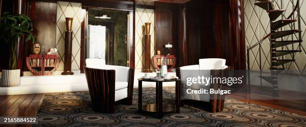 symmetrical art deco home interior - rococo living room stock pictures, royalty-free photos & images