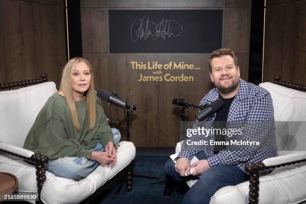 Christina Applegate and James Corden appear on SiriusXM's 'This Life Of Mine with James Corden' at SiriusXM Studios on April 08, 2024 in Los Angeles,...