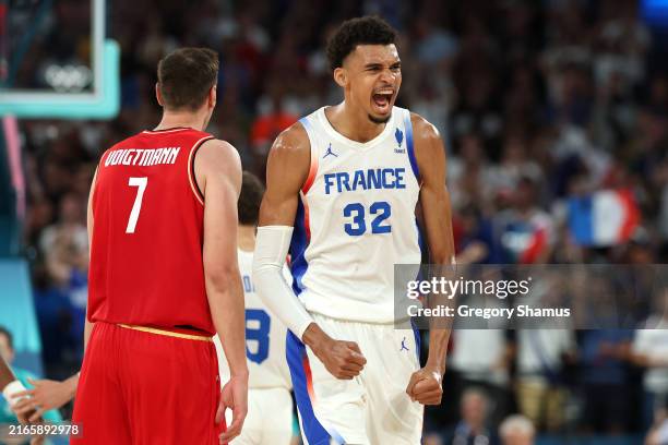 Victor Wembanyama of Team France reacts after a play during a Men's basketball semifinals match between Team France and Team Germany on day thirteen...