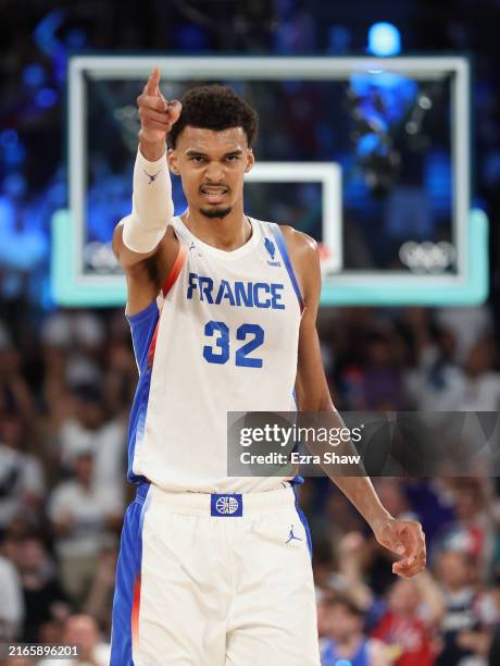 Victor Wembanyama of Team France reacts after a play during a Men's basketball semifinals match between Team France and Team Germany on day thirteen...