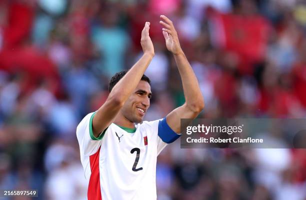 Achraf Hakimi of Team Morocco celebrates scoring his team's sixth goal during the Men's Bronze Medal match between Egypt and Morocco during Day...