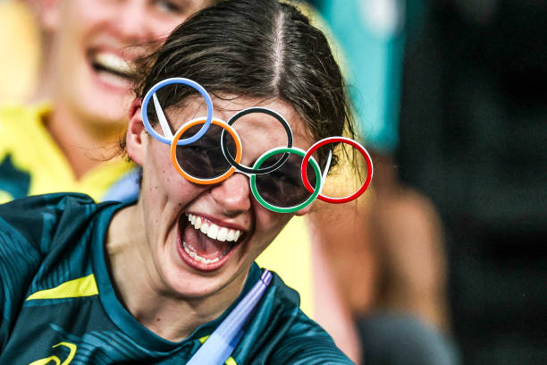 Jade MELBOURNE of Australia with a glass ring olympics during the Paris Olympic Games 2024 women's final match between France and United States at...