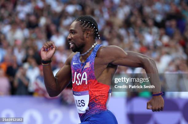 Bronze medalist Noah Lyles of Team United States competes during the Men's 200m Final on day thirteen of the Olympic Games Paris 2024 at Stade de...