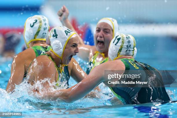 Bronte Halligan and Tilly Kearns of Team Australia celebrate victory following the penalty shoot out in the Women's Semifinal match between Team...
