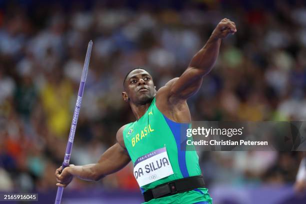 Luiz Mauricio da Silva of Team Brazil competes in the during the Men's Javelin Throw Final on day thirteen of the Olympic Games Paris 2024 at Stade...