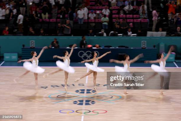 Ballerinas perform during halftime during a Men's basketball semifinals match between Team United States and Team Serbia on day thirteen of the...