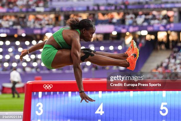 Marthe Koala of Burkina Faso competes during Women's Long Jump Final of the Athletics on Stade de France during the Paris 2024 Olympics Games on...