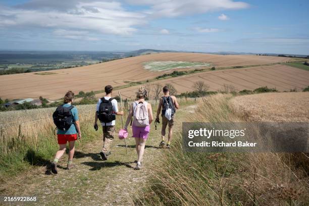 Group of walkers descend south-eastwards from the top of Glatting Beacon on the South Downs Way, on 10th August 2024, in Upwaltham, West Sussex,...