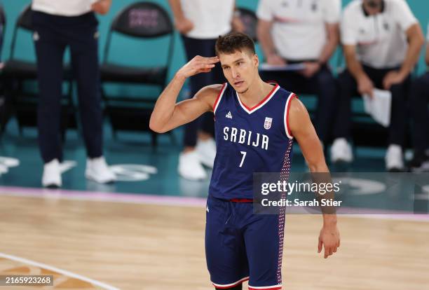 Bogdan Bogdanovic of Team Serbia reacts after a three point basket during a Men's basketball semifinals match between Team United States and Team...