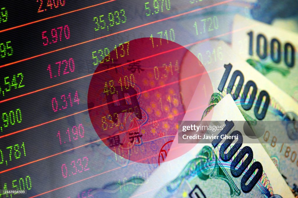 Japanese yen cash bills, flag of Japan and stock market indicators - Economy graph