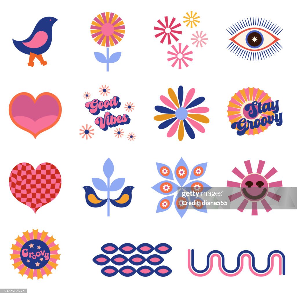 Cute 1970's Style Icon Set On A Transparent Background
