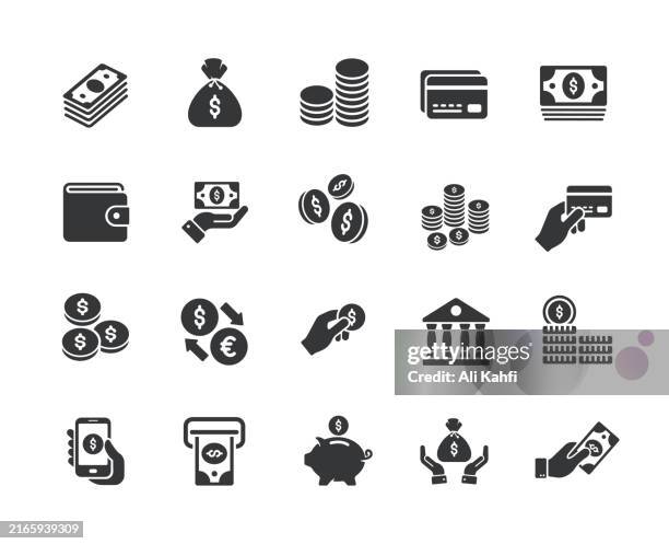 bildbanksillustrationer, clip art samt tecknat material och ikoner med money and payment solid icons collection. containing money bag, coin, exchange, credit card solid icons collection. vector illustration. for website design, logo, app, template, ui, etc. - sedlar