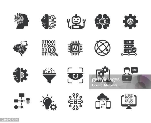 aritficial intellegence solid icons collection. containing machine, brain, binary code, robot solid icons collection. vector illustration. for website design, logo, app, template, ui, etc. - ai robot stock illustrations