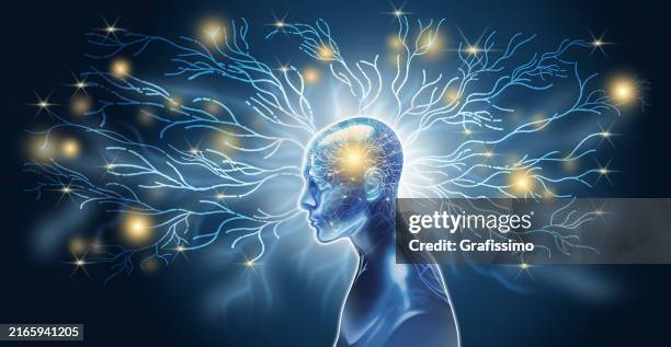 deep learning infographic of artificial neural network neurons and robot illustration - eeg stock illustrations