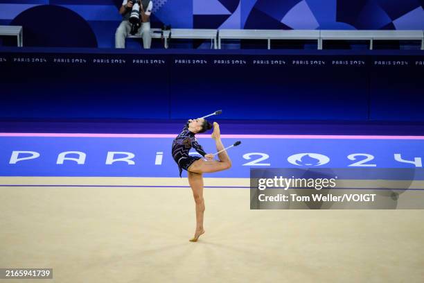 Polina Berezina of Team Spain in action during the Rhythmic Gymnastics Individual All-Around Qualification on day thirteen of the Olympic Games Paris...