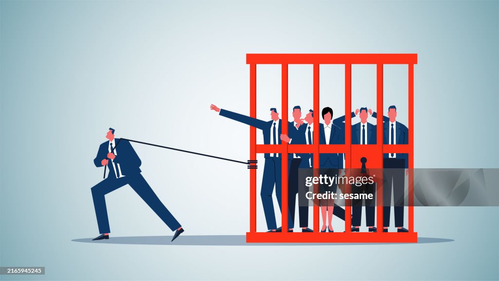 Slaves and labor, cheap labor, forced to work, managers pulling cages full of businessmen