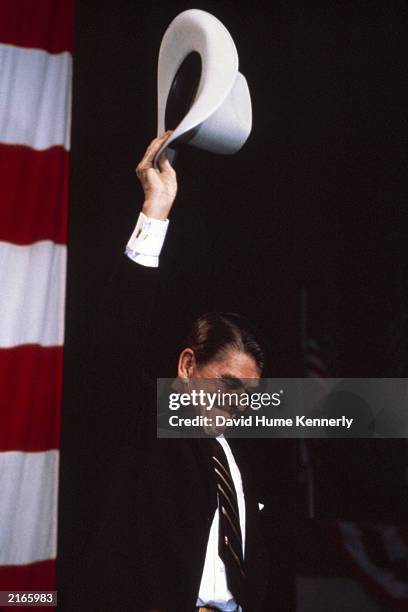 President Ronald Reagan bids farewell after campaigning for a congressman in 1982 in Billings, Montanta.