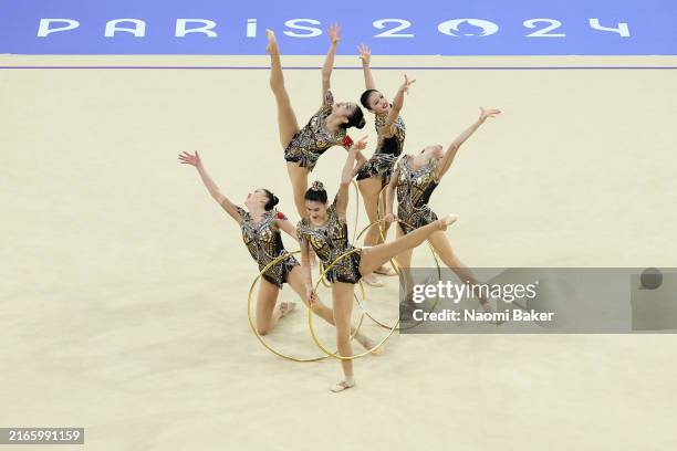 Team People's Republic of China competes during the Rhythmic Gymnastics Group All-Around Qualification on day fourteen of the Olympic Games Paris...
