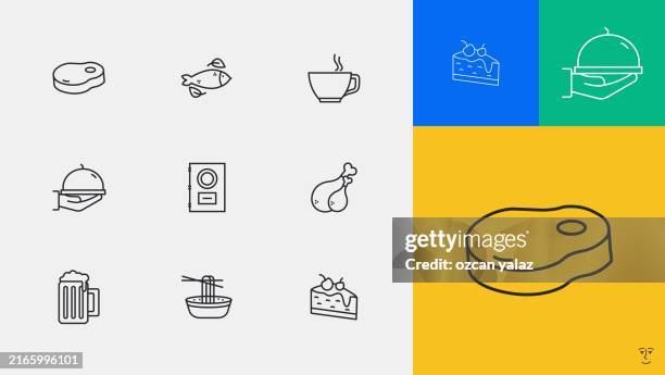 restaurant thin line vector icon set. the design is editable and the color can be changed. vector set of creativity icons: cake , fas food , pizza , steak , water , salad - ordering coffee stock illustrations