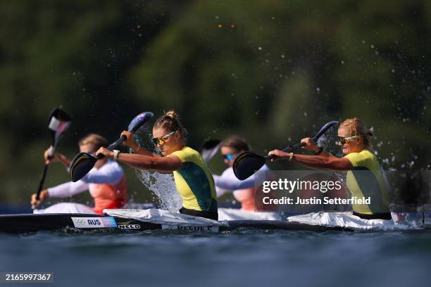 Ella Beere and Aly Bull and Team Australia compete during the Women's Kayak Double 500m Semifinal 1 on day fourteen of the Olympic Games Paris 2024...