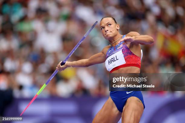 Anna Hall of Team United States competes in the Women's Heptathlon Javelin Throw on day fourteen of the Olympic Games Paris 2024 at Stade de France...