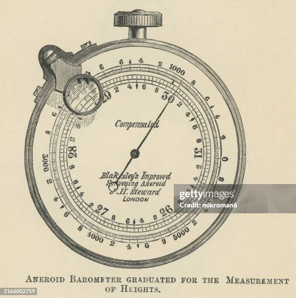 old engraved illustration of aneroid barometer graduated for the measurement of heights (an instrument used for measuring air pressure as a method that does not involve liquid) - gravity meters stock pictures, royalty-free photos & images