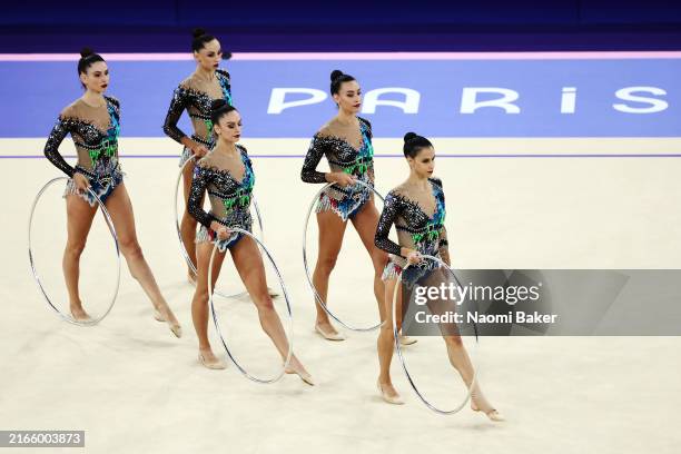 Team Italy competes during the Rhythmic Gymnastics Group All-Around Qualification on day fourteen of the Olympic Games Paris 2024 at Porte de La...