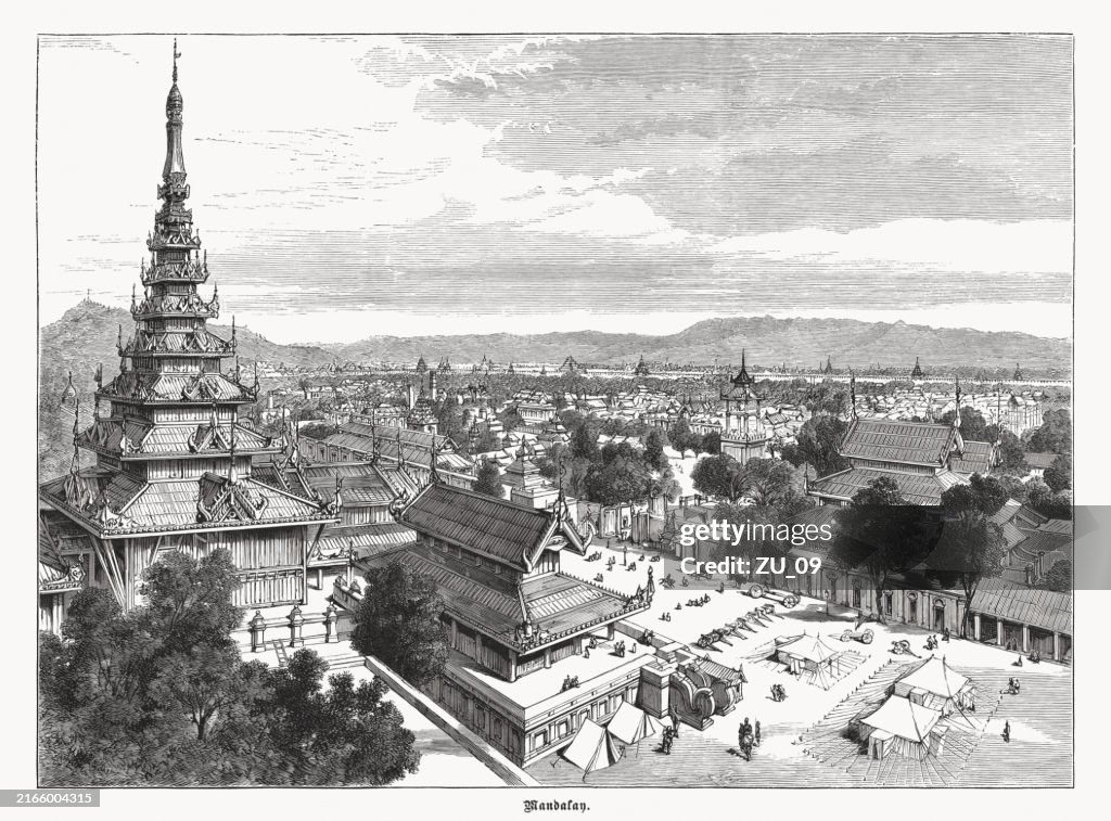 Historical view of Mandalay in Burma, wood engraving, published in 1892