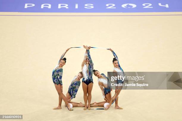 Team Spain competes during the Rhythmic Gymnastics Group All-Around Qualification on day fourteen of the Olympic Games Paris 2024 at Porte de La...