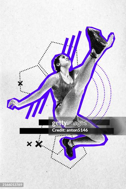 poster. contemporary art collage. athlete gracefully extends her leg in mid-air, highlighted purple outlines and dynamic graphic elements. grainy fabric effect. - pole vault stock pictures, royalty-free photos & images