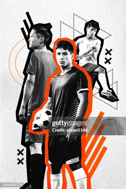 poster. collage d'arte contemporanea. giocatori di calcio, ognuno in pose diverse, evidenziati da audaci contorni arancioni ed elementi grafici dinamici. effetto tessuto granuloso. - calcio sport foto e immagini stock