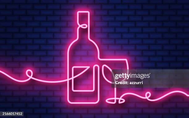 illustrazioni stock, clip art, cartoni animati e icone di tendenza di bottiglia di vino neon continuous icon design - neon light icon