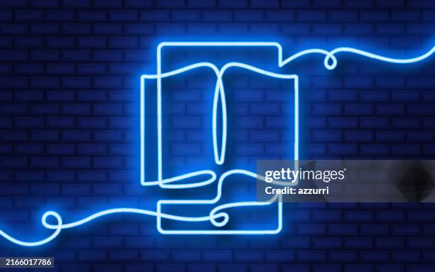 e-book neon continuous line icon - reading tablet screen stock illustrations
