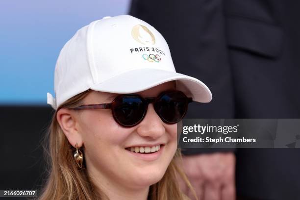 Crown Princess Elisabeth of Belgium attends the Women's Bronze Medal match between Argentina and Belgium on day fourteen of the Olympic Games Paris...