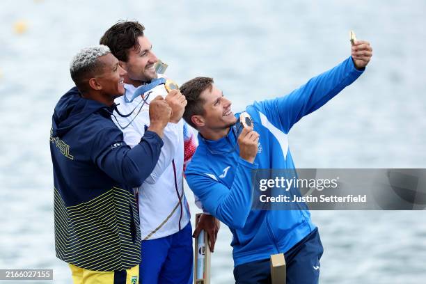 Gold medalist Martin Fuksa of Team Czechia , Silver medalist Isaquias Queiroz of Team of Team Brazil and Bronze medalist Serghei Tarnovschi of Team...