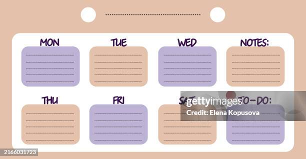 stockillustraties, clipart, cartoons en iconen met weekly to do list, planner in flat paper style. weekly notes in notebook with copy space. - weekly calendar graphic