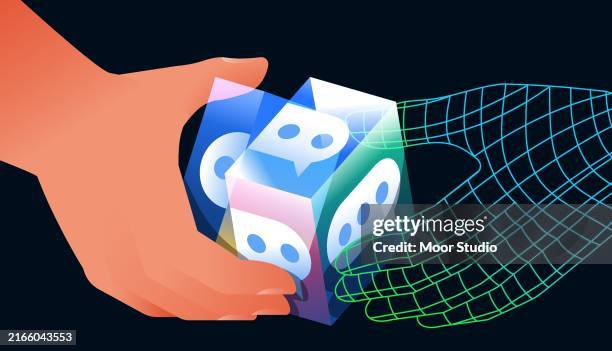 illustrations, cliparts, dessins animés et icônes de des mains humaines et numériques résolvant un cube de verre - intelligence artificielle