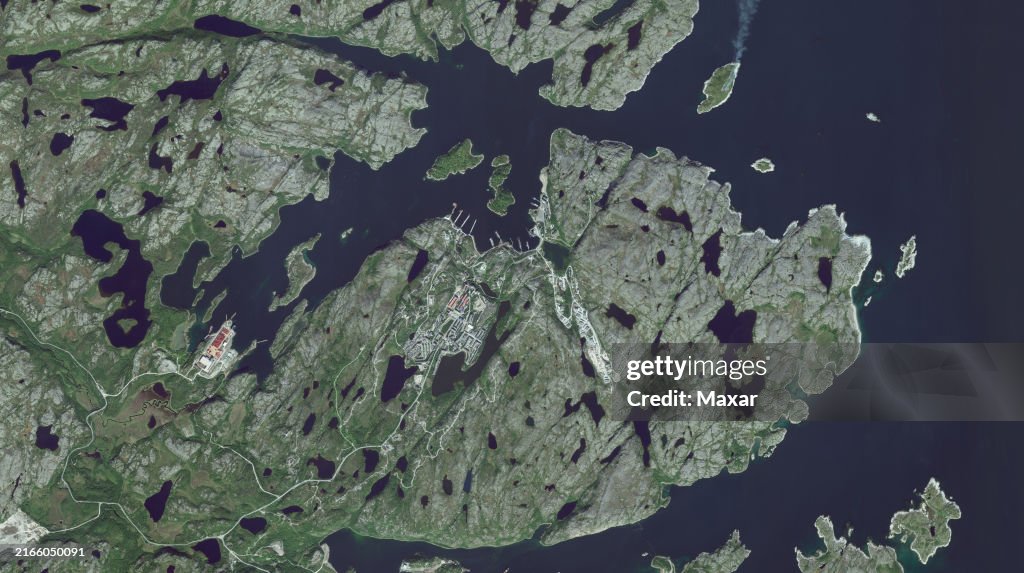 GADZHIYEVO NAVAL BASE, RUSSIA -- August 8, 2024: Maxar overview satellite imagery of the Gadzhiyevo naval base, located in Yagelnaya Bay on the Kola Peninsula in Russia, is a strategic facility primarily serving the Northern Fleet of the Russian Navy. P