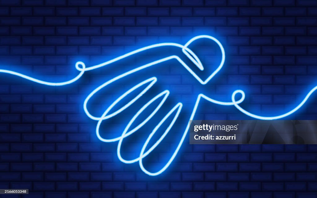 Icono de neón de línea continua de bádminton aislado sobre fondo de pared de ladrillo.