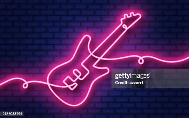 bassgitarre durchgehende linie neon-symbol isoliert auf backsteinmauer-hintergrund. - bass gitarre stock-grafiken, -clipart, -cartoons und -symbole