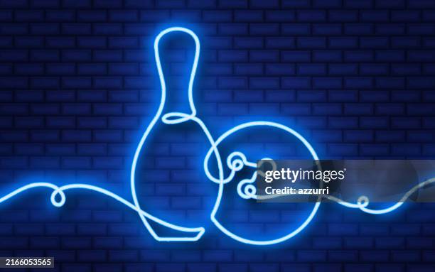 bowling continuous line neon icon isolated on brick wall background. - neon bowling stock illustrations
