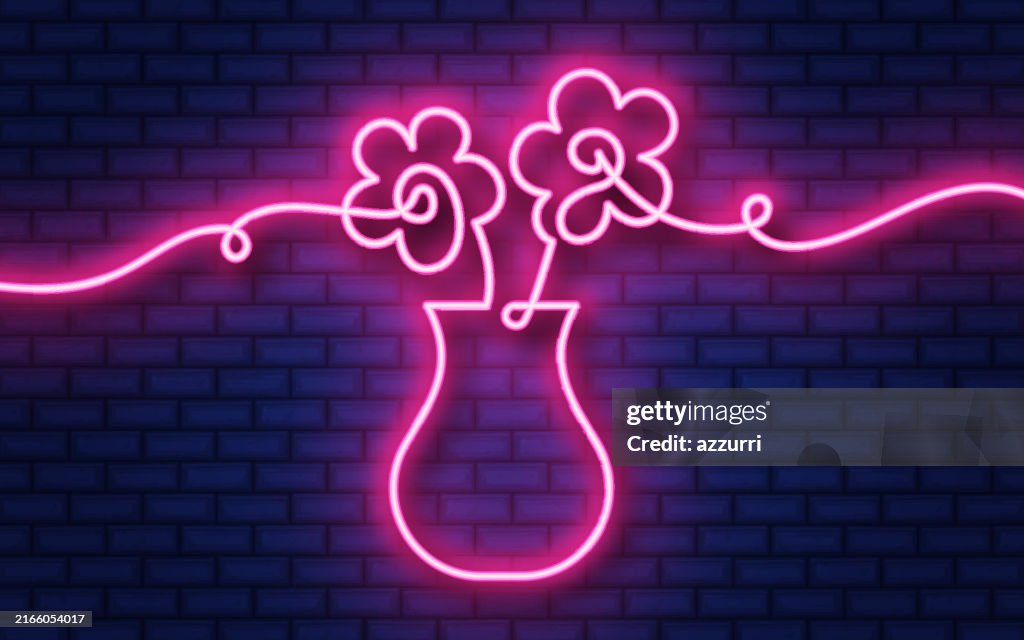 Flower Pot continuous line neon icon isolated on brick wall background.