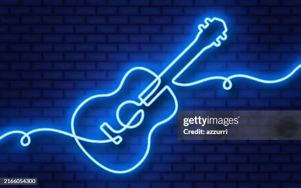 ilustrações de stock, clip art, desenhos animados e ícones de guitar continuous line neon icon isolated on brick wall background. - música acústica