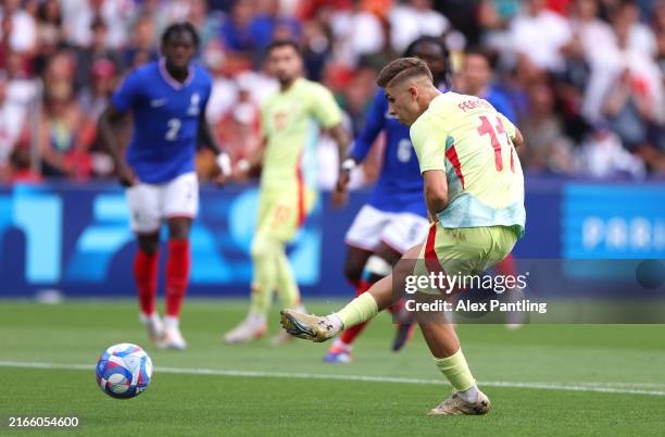 Fermin Lopez of Team Spain scores his team's first goal during the Men's Gold Medal match between France and Spain during the Olympic Games Paris...