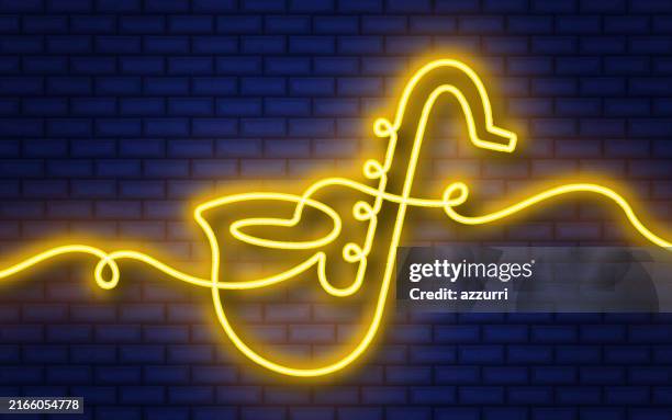 saxophone continuous line neon icon isolated on brick wall background. - soul music background stock illustrations