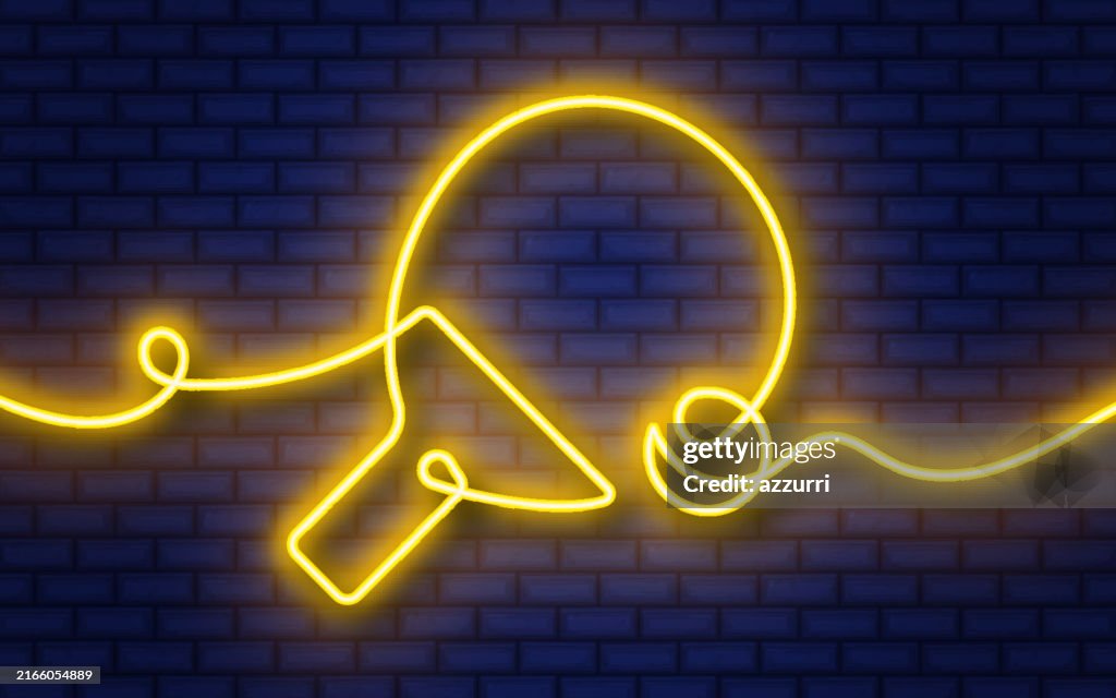 Table Tennis continuous line neon icon isolated on brick wall background.