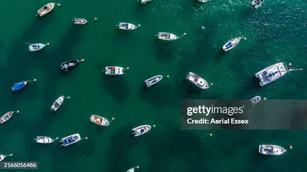 moored boats from above. - moored boats stock pictures, royalty-free photos & images